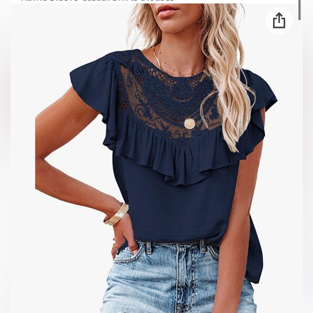 Amazon Dokotoo navy lace crochet ruffle tunic with ruffle sleeve